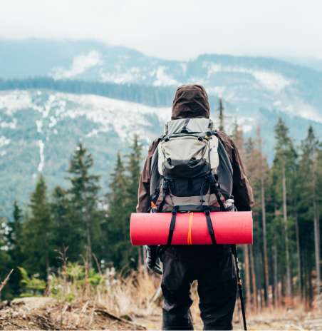 Samotny podróznik z plecakiem na tle lasów i gór Alaski.